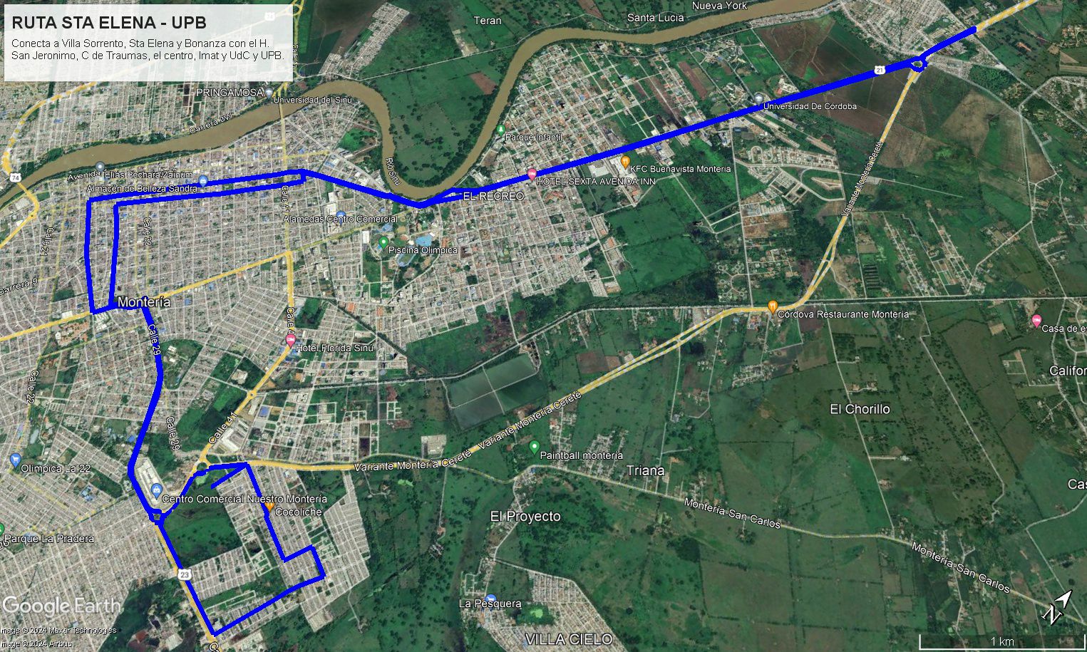 conecta a los barrios de Villa Sorrento, Santa Elena, y Bonanza con el Hospital San Jerónimo, la Clínica de Traumas, Centro, Imat, y UPB, en principio tiene una frecuencia de 20 minutos y se presta bajo la modalidad de transporte colectivo.